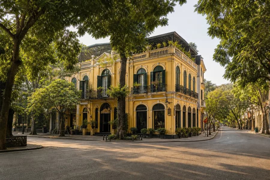 Historic yellow building in Hanoi Old Quarter